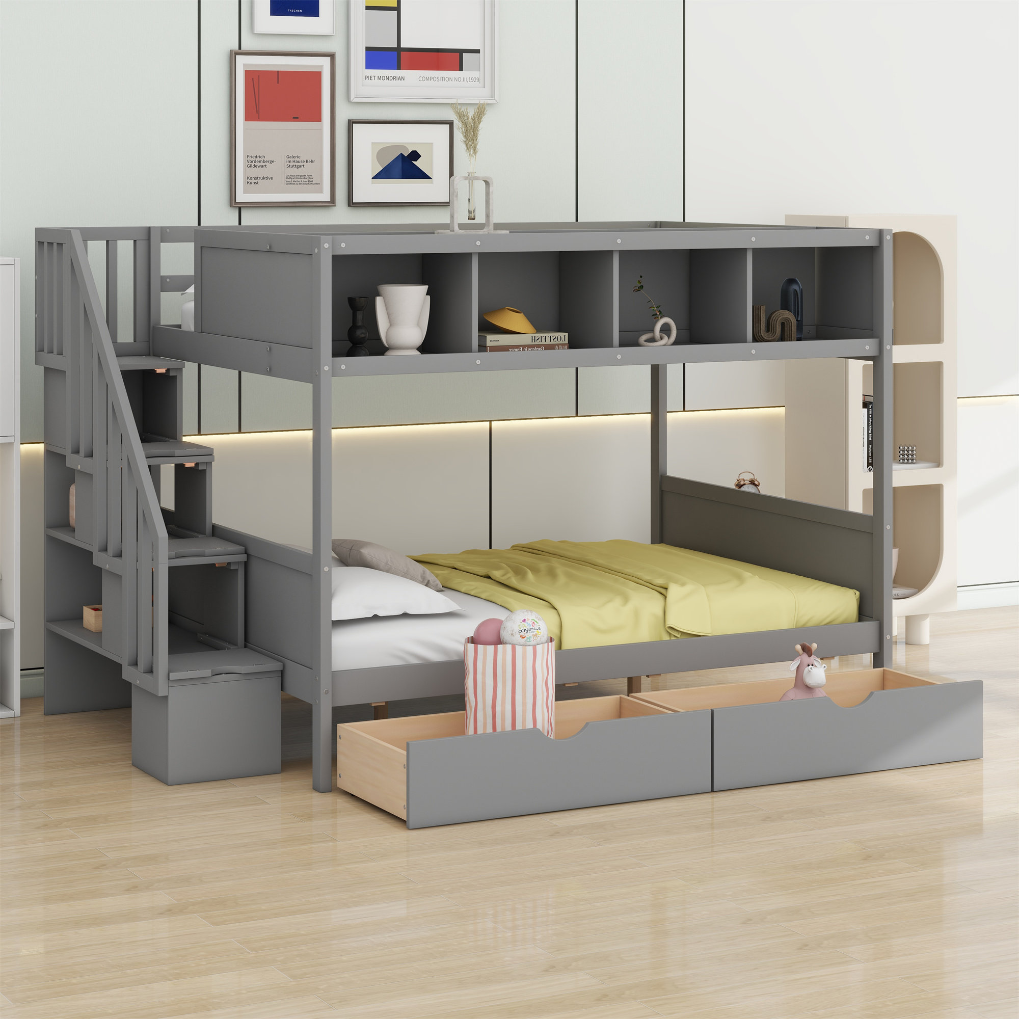 Harriet Bee Bunk Bed With Shelfs,Storage Staircase And 2 Drawers | Wayfair