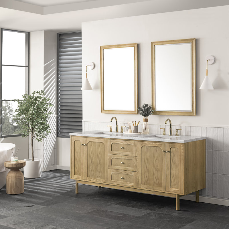 Laurent 72" Double Vanity, Light Natural Oak W/FreePower Wireless Charger, Eternal Jasmine Pearl, Light Natural Oak