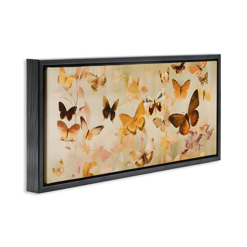 «Neutral Butterfly Array», encadré doré sur toile flottante par Petal Prints Design, H 11 po x l 25 po, Noir