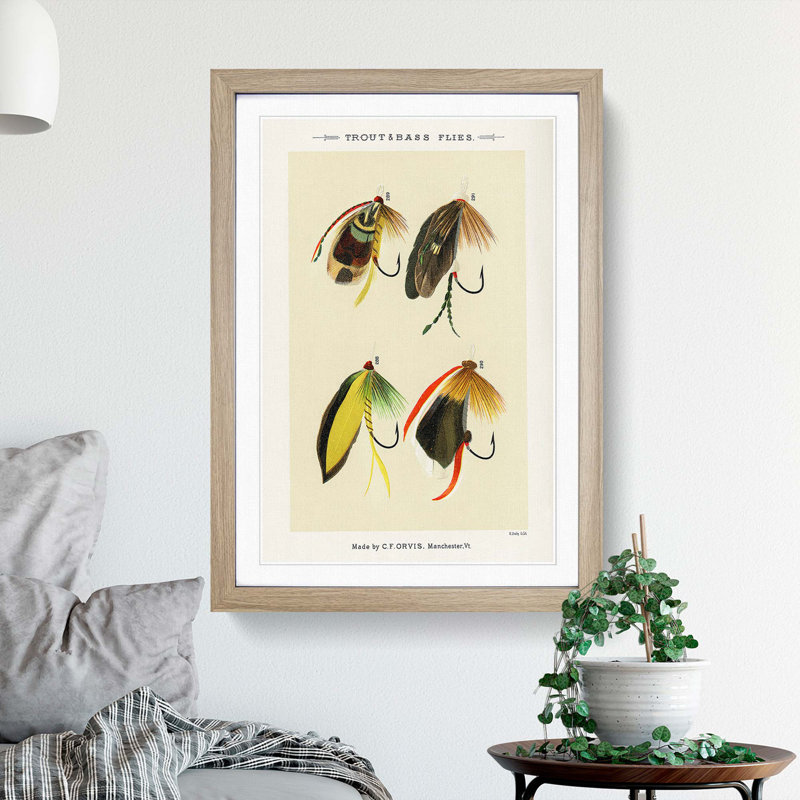 Trout & Bass Fishing Flies by Mary Orvis Marbury - Picture Frame Painting Print, 60cm H x 40cm W x 2cm D, Oak