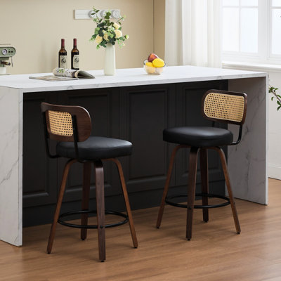 26 Inch Counter Stools With Cane Back, 360 Swivel, Upholstered Seat, Wooden Legs, Ergonomic Design For Island/Kitchen/Counter/Bar  Walnut Black  - Of 2, American Style 2 Bar Walnut Craftsmanship Foam