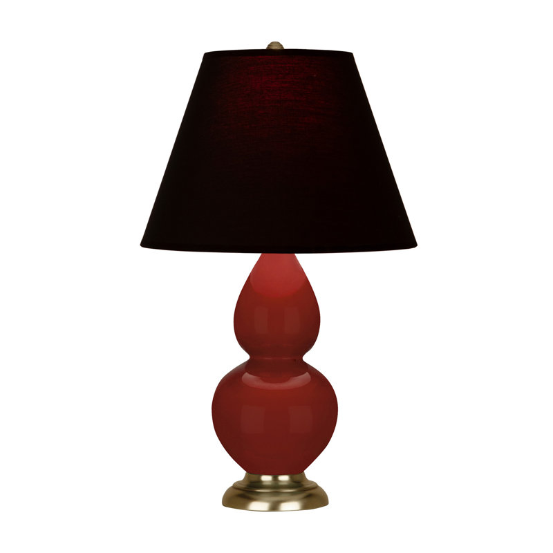 Petite lampe d'appoint à double gourde, Encre noire / rose rouge, Laiton antique, Rouge sang-de-bœuf