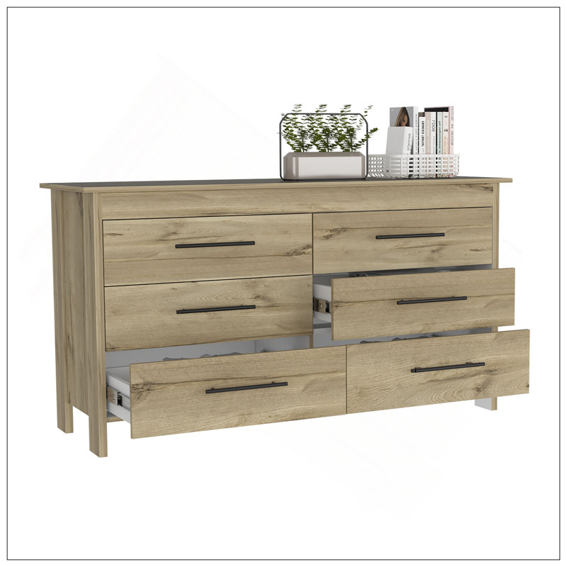 Commode double 6 tiroirs, quatre pieds, plateau supérieur - chêne clair / blanc