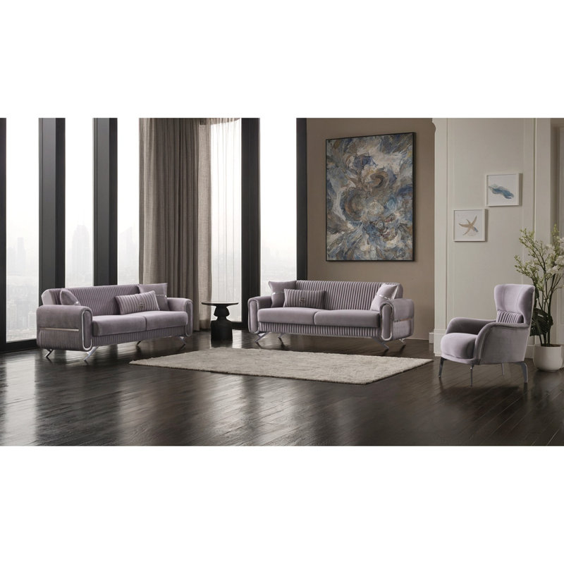 Ensemble de salon en velours 4 pièces Mariza, 3 pièces: canapé, causeuse, fauteuil, Gris, Argent
