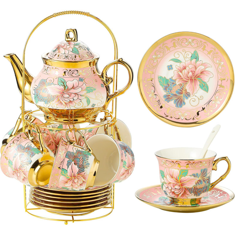 Service à thé 20 pièces en porcelaine avec support en métal, service à thé en céramique européen pour adultes, service à thé fleur