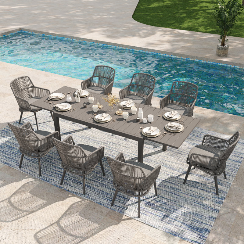 Ensemble repas extérieur pour 8 personnes avec coussins 8 personnes, Gris foncé