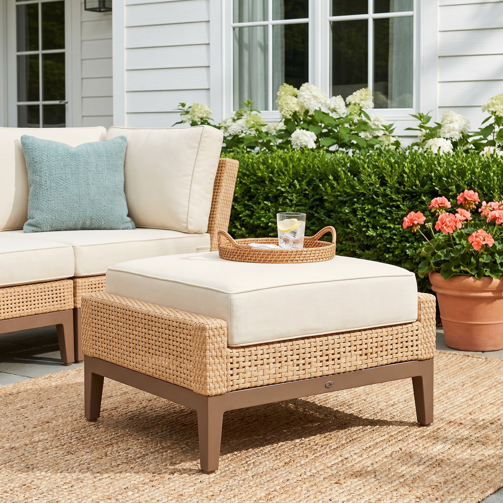 Peninsula Wicker Outdoor Woven Ottoman, Peninsula #37 Light Raffia/Natural, Rollo Lace, Welt + Standard fill