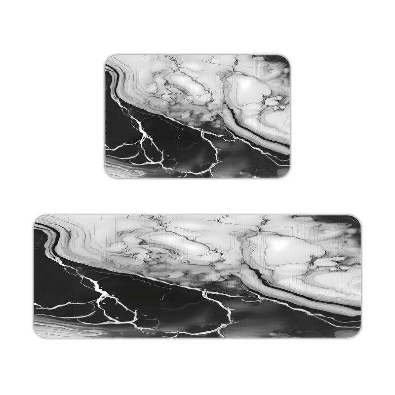 Black and White Marble Pattern 2 PC Kitchen Floor Rugs, Modern Kitchen Decor