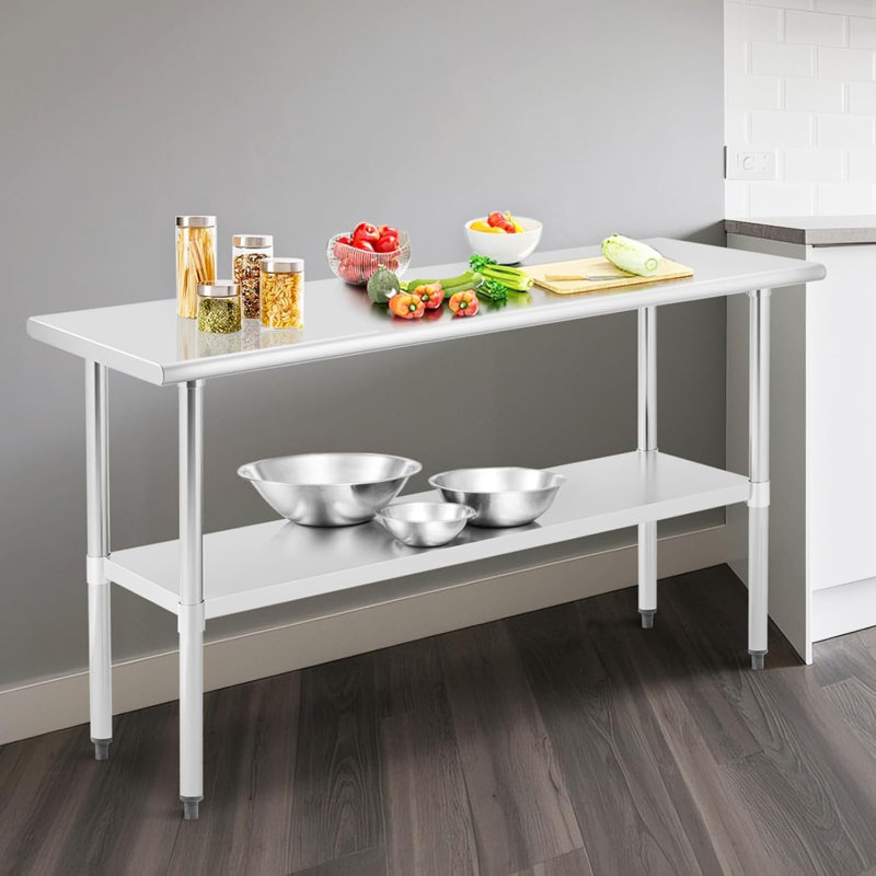 Table robuste en acier inoxydable, table de préparation de cuisine certifiée NSF avec tablette réglable, capacité de 430 + 260 lb, résistante à la rouille et facile à nettoyer pour un usage commercial et domestique