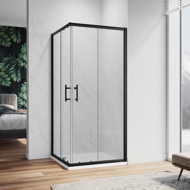 76cm L-Shape Sliding Shower Enclosure, 5mm Clear Tempered Glass, Matte Black Aluminum Frame, Reversible Installation