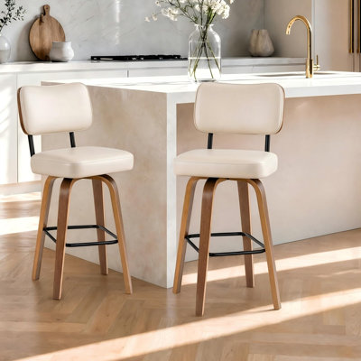 Ensemble de 2 tabourets de bar pivotants de 26 po avec dossier Garvee, pieds en bois cintré et revêtement en similicuir pour comptoir de cuisine