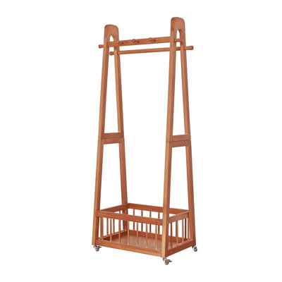 Portant à vêtements autoportant en bois massif, portemanteau mobile en bois avec roues verrouillables, tringle à vêtements à crochets multiples et grand panier de rangement inférieur, pour vestibule de chambre à coucher, 22 po