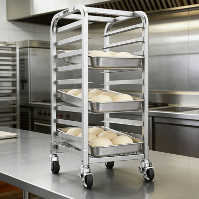 Support à casseroles semi-robuste en aluminium avec roulettes, chariot de refroidissement et de rangement commercial à 10 niveaux, capacité de 550 lb pour les boulangeries, les restaurants et les cuisines domestiques