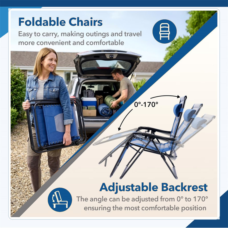Fauteuils de patio inclinables relaxants en maille d'acier avec chaises et coussins ajustables, Blue/Grey