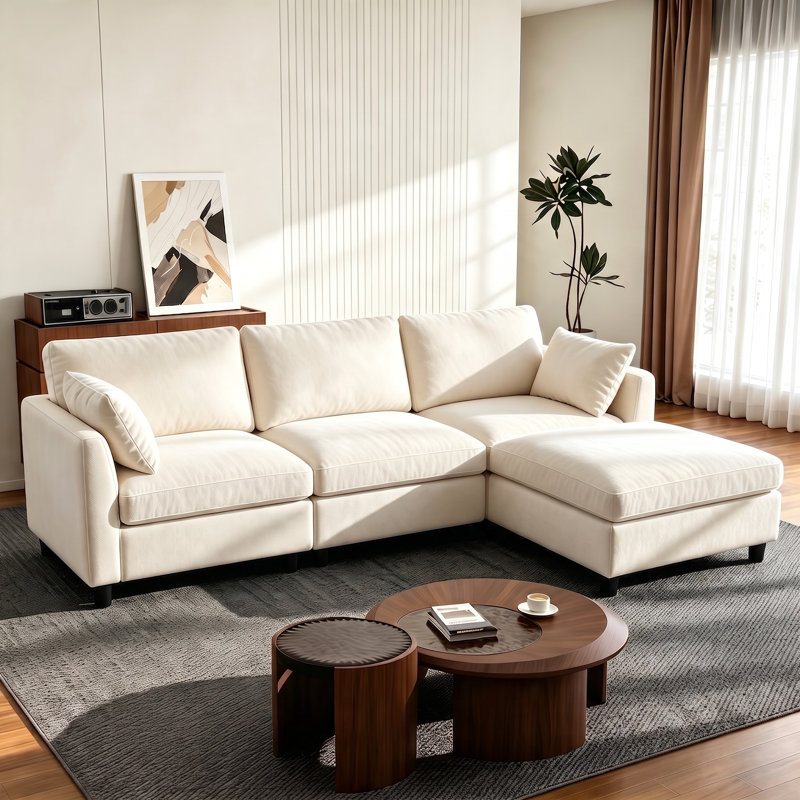 Sarang 4-Piece Modular Cloud Couch Reversible Sectional with Ottoman, Beige Chenille