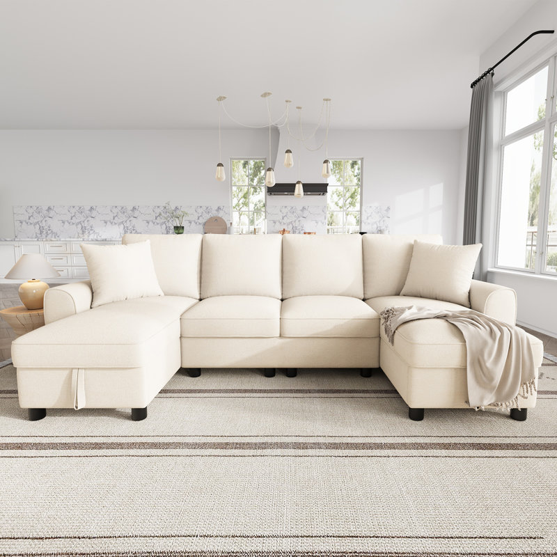 U-Shaped 4 Seat Sectional Sofa with 2 Storage Chaise Lounges, 2 Square Cushions, Beige Chenille