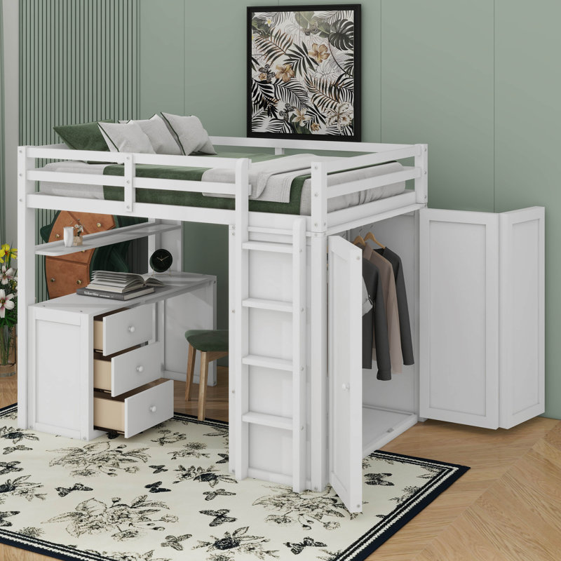 Lit mezzanine avec tiroirs, bureau et garde-robe, Blanc