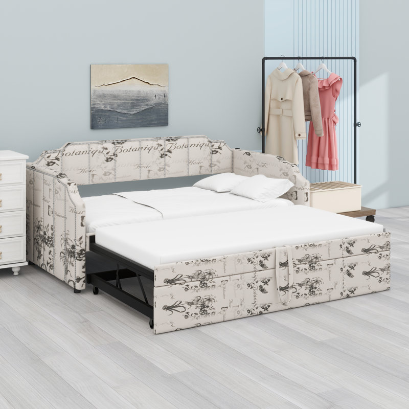 Versatile Sofa-Style Bed with Roll-Out Trundle and On-Frame USB Charging Connectivity, White Tossed Botanical