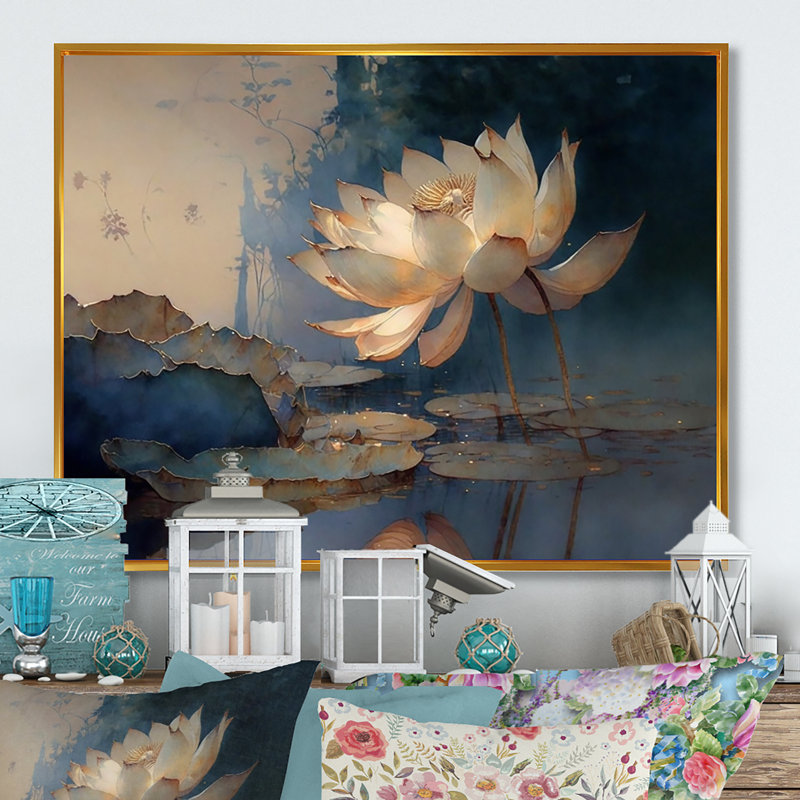 Blanc rétro lotus à l'aube - art mural encadré de lotus, H 12 po x l 20 po x P 1 po, Cadre flottant doré