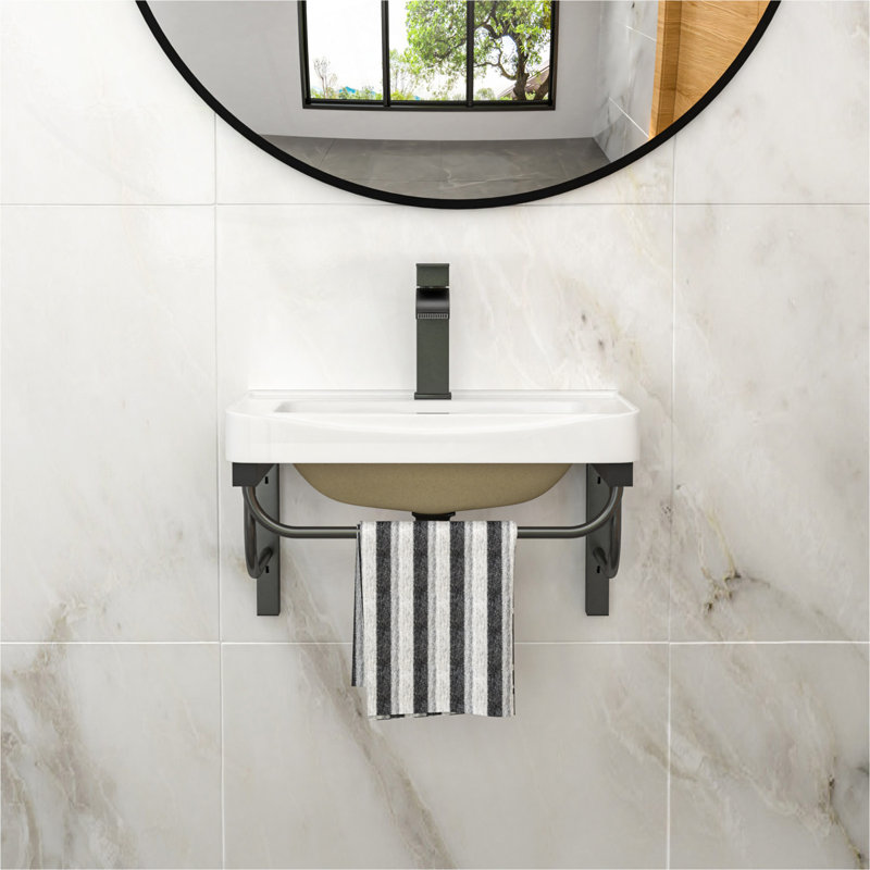 Lavabo de salle de bain mural rectangulaire en céramique 19,88 "x 14,25" avec barre à serviettes et trop-plein noir