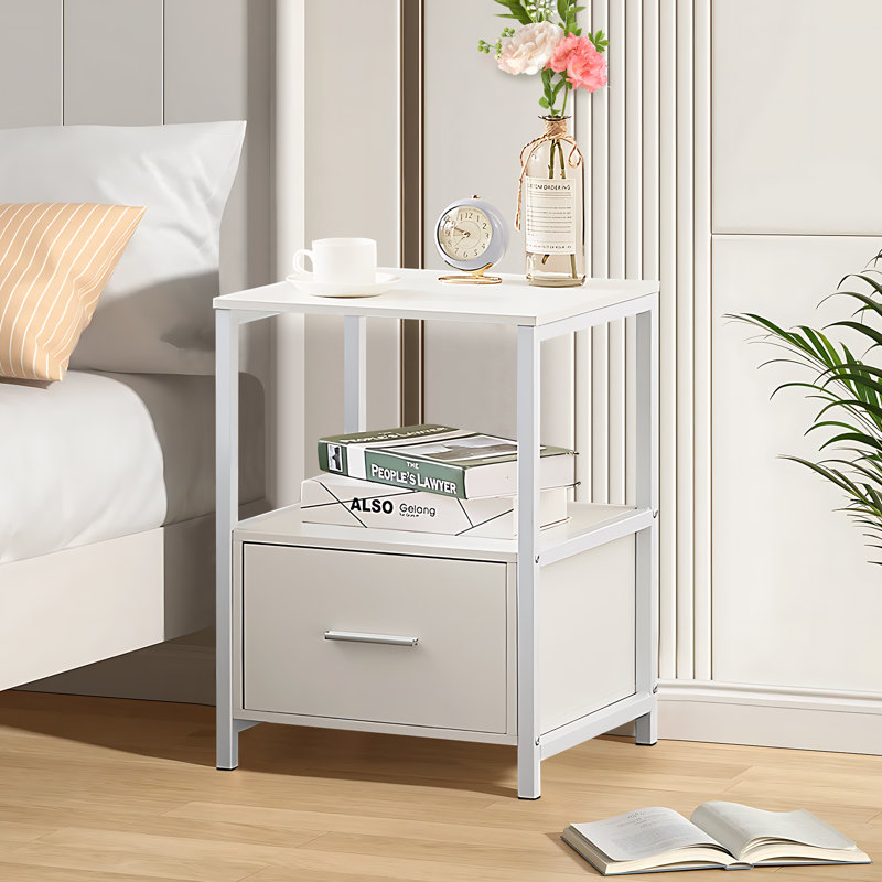 Bedside Table with 1 Drawers, Modern End Side Table with Storage Shelves, Metal Frame Nightstand for Bedroom, Living Room, 1