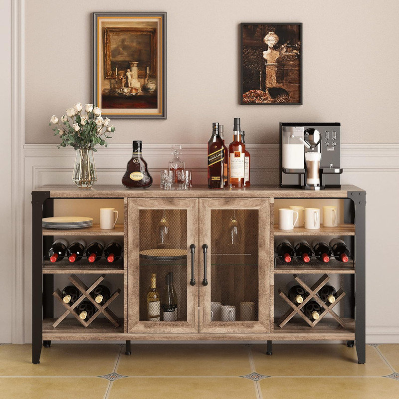 Rustic Oak 58" Industrial Wine Bar Cabinet with Metal Frame
