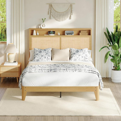 Full Bed Frame with Natural Rattan Headboard, Bohemian Bed Frame with LED Lights & Charging Station, 2 Tier Storage Headboard, Under Bed Storage, No Box Spring Needed