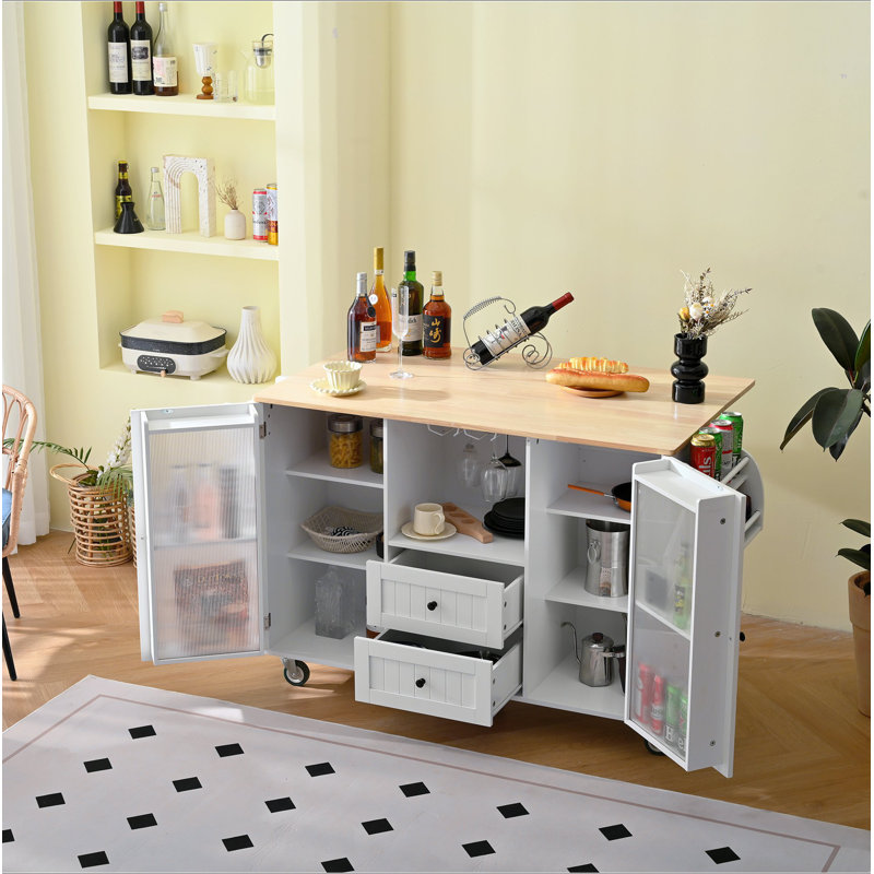 Mobile Kitchen Island Storage Trolley Cart On Wheels With Dropleaf Top, Towel/Spice Rack,2 Drawers, 2-Door Cabinet