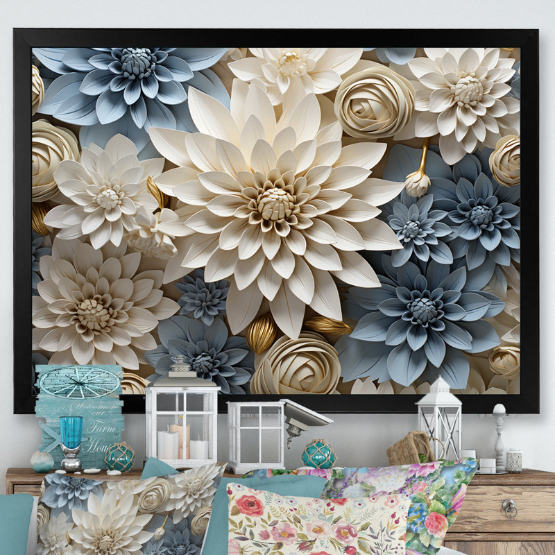 «Simplicity Mums Bloom» en beige et bleu pâle II - Mums, art mural, H 12 po x l 20 po x P 1 po, Cadre simple noir
