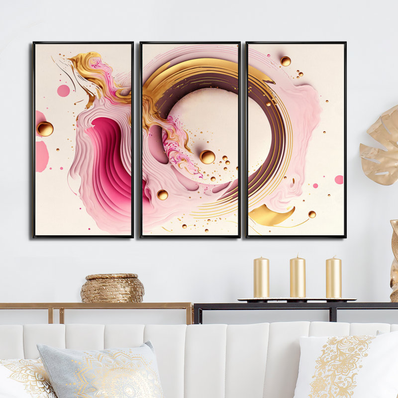 «Pink Watercolor Circular Abstract III», ensemble d'art mural moderne sur toile, Cadre noir, H 28 po x l 36 po x P 1 po