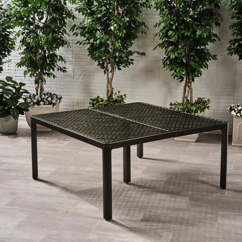 Table de salle à manger d'extérieur moderne en aluminium, carré de 60,1 po, noir lustré avec motif tissé, rouille, 8 sièges pour terrasse, finition, rouille, siège