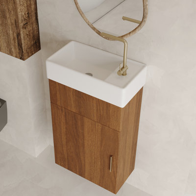 Meuble-lavabo flottant moderne de 16,5 pouces avec trou de robinet simple, rangement et porte à fermeture en douceur, convenant aux petites décorations. Bassin en céramique intégré, parfait milieu du siècle