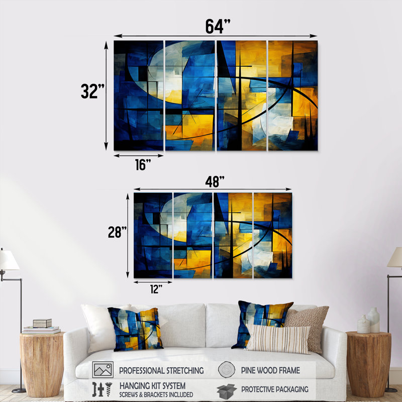 «Symphony In Kings Blue Jazz I», art mural géométrique, 4 pièces, H 28 po x l 48 po