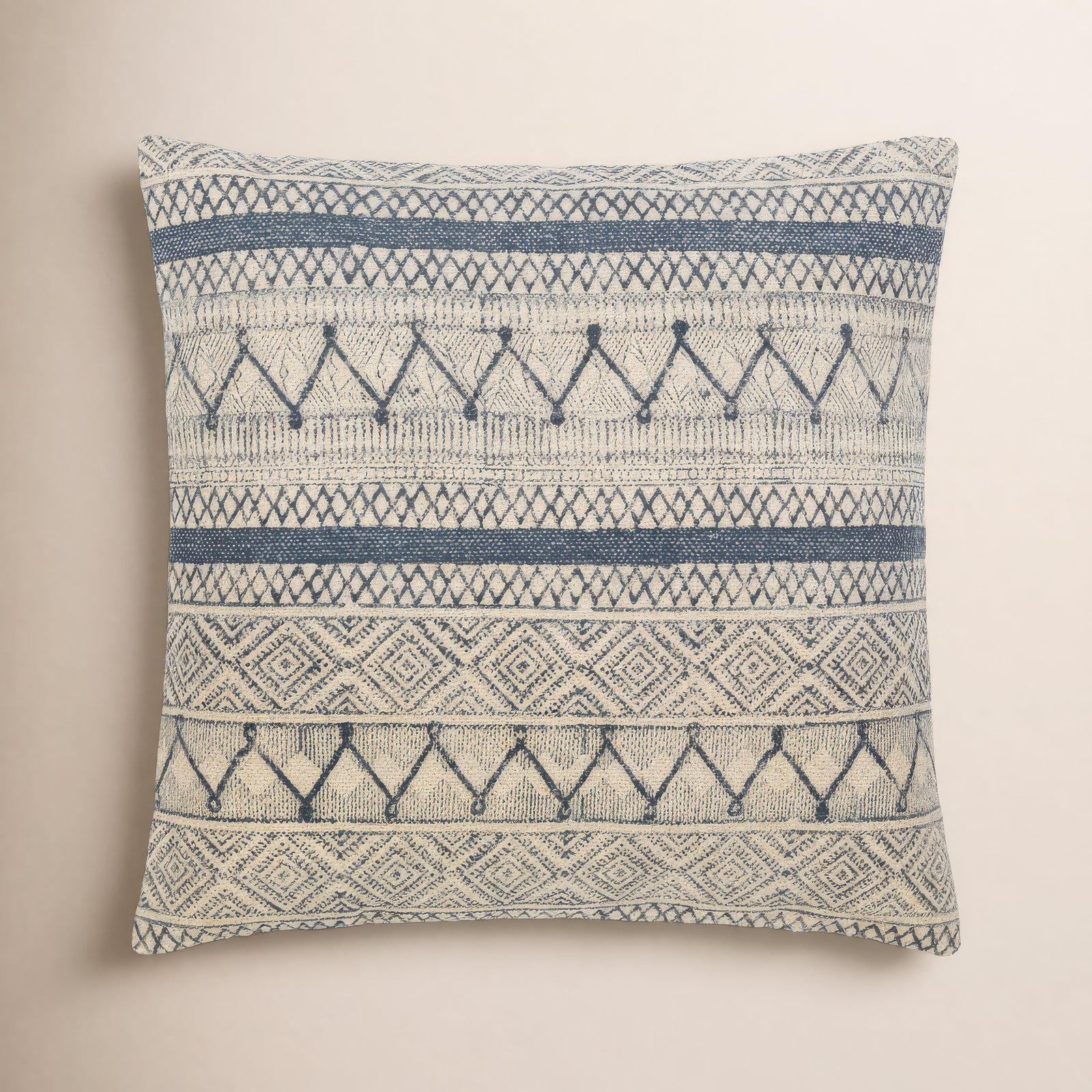 Zetta Geometric Cotton Throw Pillow, 22" x 22", Polyester/Polyfill, Light Beige/Dark Blue