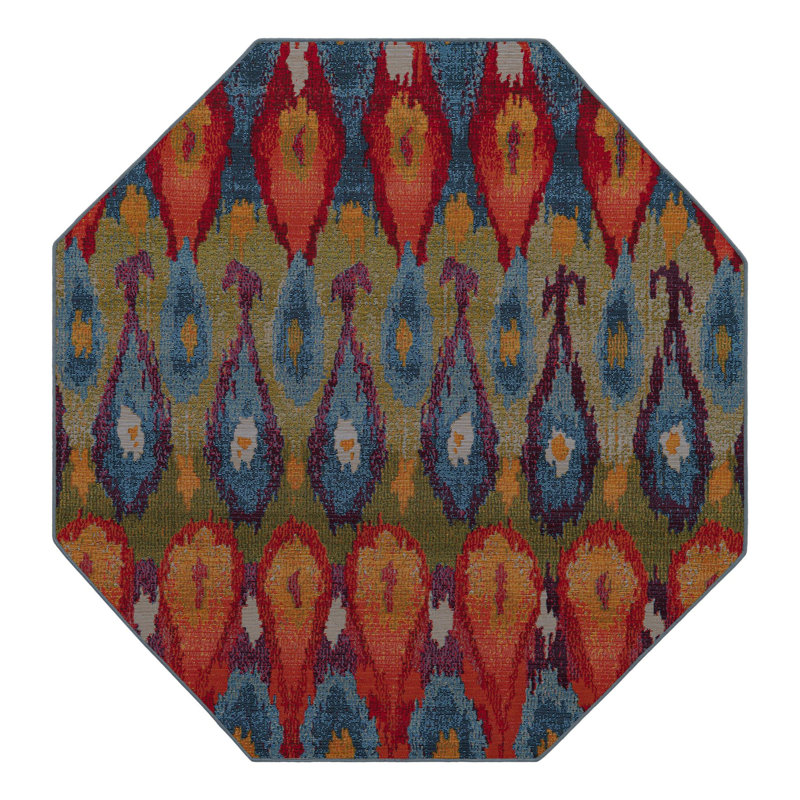 Tapis bleu intérieur / extérieur Newt Ikat, Octogone 5 pi 3 po