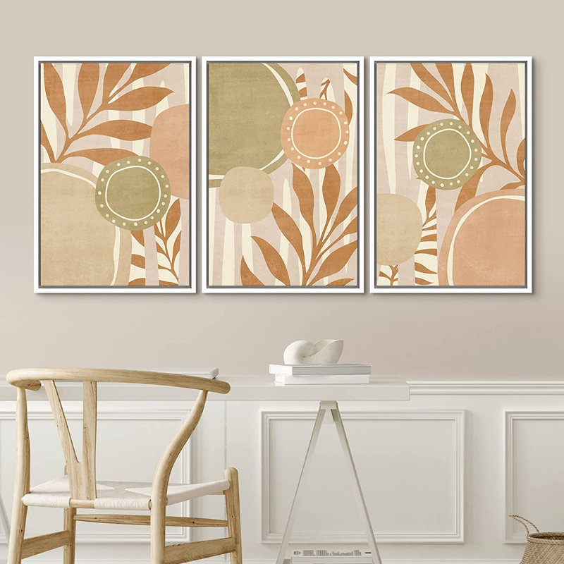 «Mid Century Shape Ring Circle Palm Leaf», ensemble de 3 impressions sur toile, H 24 po x l 48 po x P 1,5 po, Blanc