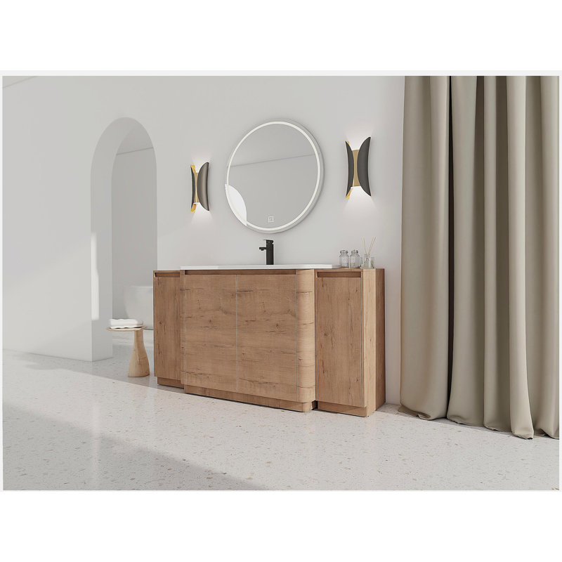 64'' Freestanding Bathroom Vanity with White Ceramic Sink, and 2-Small Storage Cabinet, Soft-Close Door, Imitative Oak, KD-Packing, Plywood