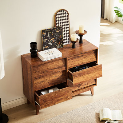 Brun, commode double 6 tiroirs, style rétro, design biseauté, commode