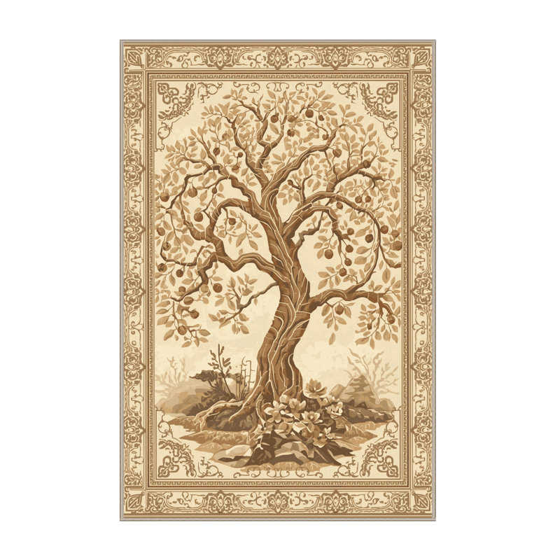 Tapis oriental classique lavable à la machine arbre de la connaissance Parnika - beige, 5 x 7
