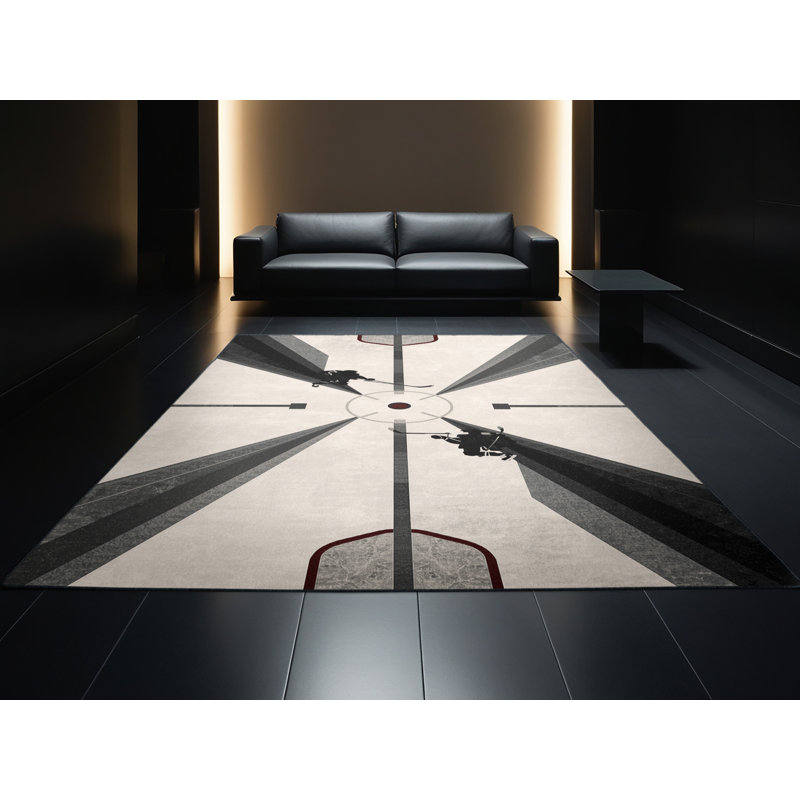 Machine Washable Cain Ice Hockey Faceoff Modern & Contemporary Geometric Rug in Beige – Black Binding, 3x5