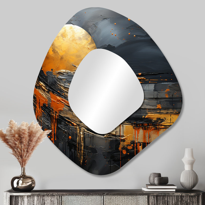 Jaelynn Black and Orange marble moon II - Shapes Unique Shape Unique Wall Mirror, Modern Asymmetrical Mirror, Printed Metal Art