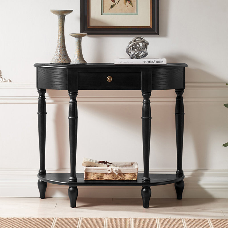 Console demi-cercle en bois massif noir, 31.5" H x 39.37" W x 11.81" D
