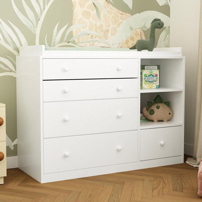 120cm Wide Changing Unit with 5 Drawers & 2 Open Shelves - Large Nursery Chest - White