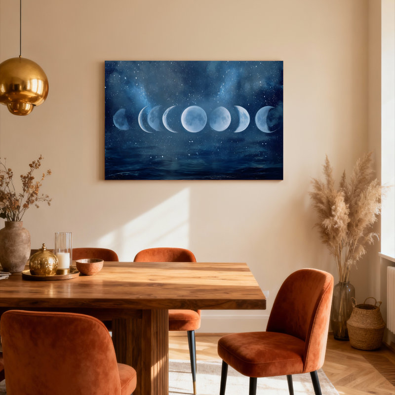 Ensemble de 1 tableau sur toile représentant les phases de la lune et le ciel céleste, H 16 po x l 24 po