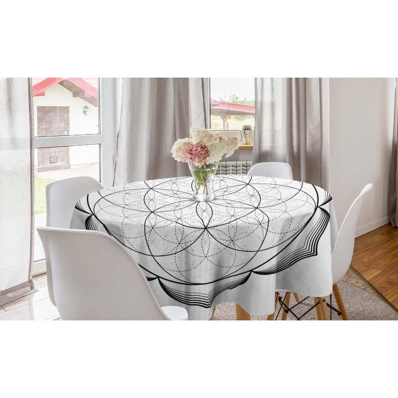 Ambesonne Mandala Round Tablecloth, Monochrome Line Art Illustration Flower Of Life Shapes Abstract Mandala Design, Circle Table Cloth Cover For Dining Room Kitchen Decoration, 60", Black And White