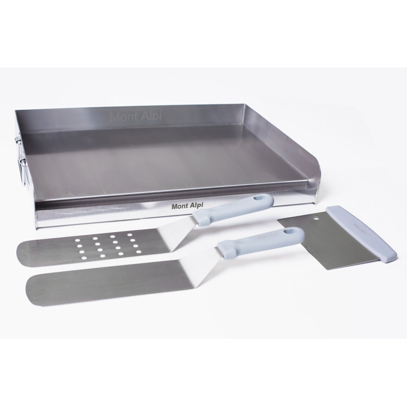 Mont Alpi MASHP Stainless Steel Universal Outdoor Barbecue Flat Top Griddle Converter Kit - Frying Pan with Grease Collection Zone, Teppanyaki Style Solid and Slotted Spatulas, Scraper BBQ Tool Set