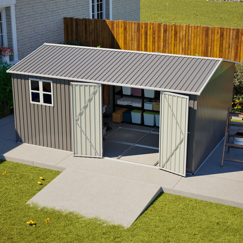 Grande remise de rangement de 14 x 10 pi, 780 pi³ Jaxilyn Capacité en pieds avec cadre de fondation intégré pour la cour et le patio