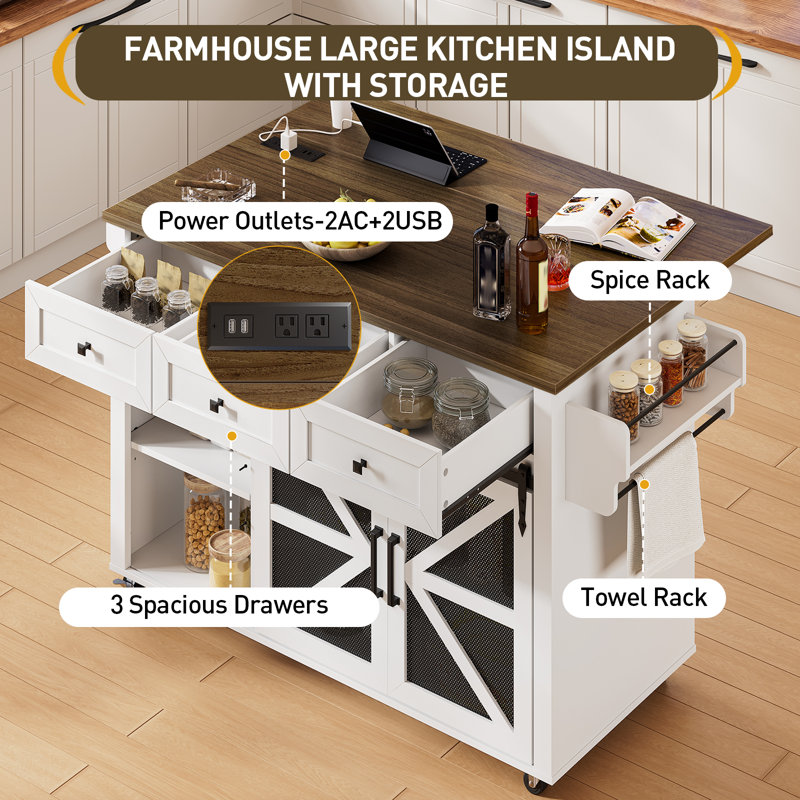 55" Kitchen Island with Storage, Barn Doors and Drop-Leaf, Rolling Cart with Charging Station, White/Walnut