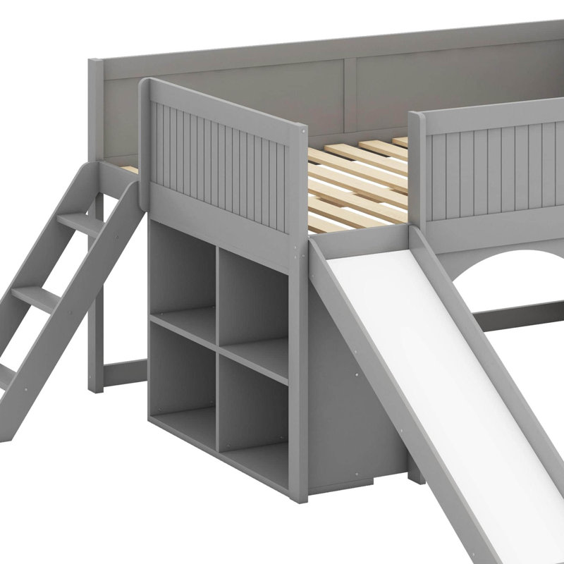 Full Size Wooden Low Loft Bed With Storage Shelves And Slide,Door And Window, Multiple Functions Wooden Low Loft, Gray