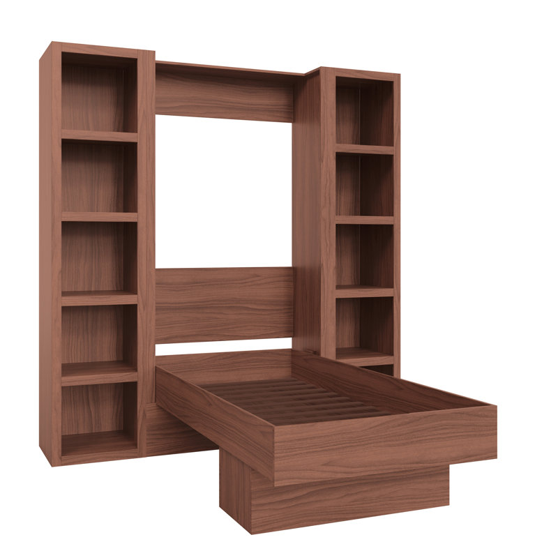 Easy-Lift Murphy Wall Bed in Wood Grain with Two Bookshelves, Twin, Brown